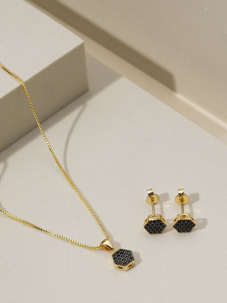 18K GOLD PLATED NECKLACE AND EARRING SET STONE ZIRCONI BLACK