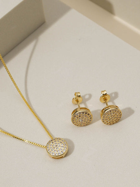 18K GOLD PLATED NECKLACE AND EARRING SET ROUND STONE ZIRCONI